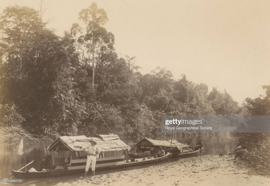 A stop on the Kuantan river for breakfast, Malaysia, 1894. Artist H.M. Becher. ...