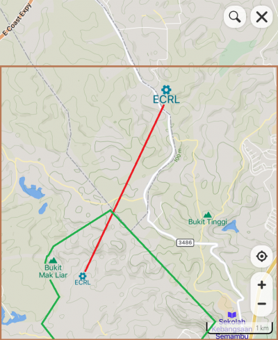 Peta lokasi terowong ECRL Alor Batu - HS Bukit Galing, secara dekat dan kasar (ditandakan merah)