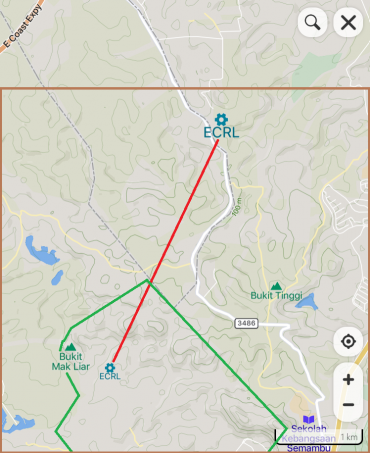 Peta lokasi terowong ECRL Alor Batu - HS Bukit Galing, secara dekat dan kasar (ditandakan merah)