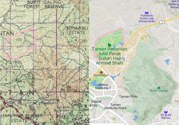 Peta lokasi Taman Pertanian Jubli Perak Sultan Haji Ahmad Shah, 1963 (secara kasar) dan kini